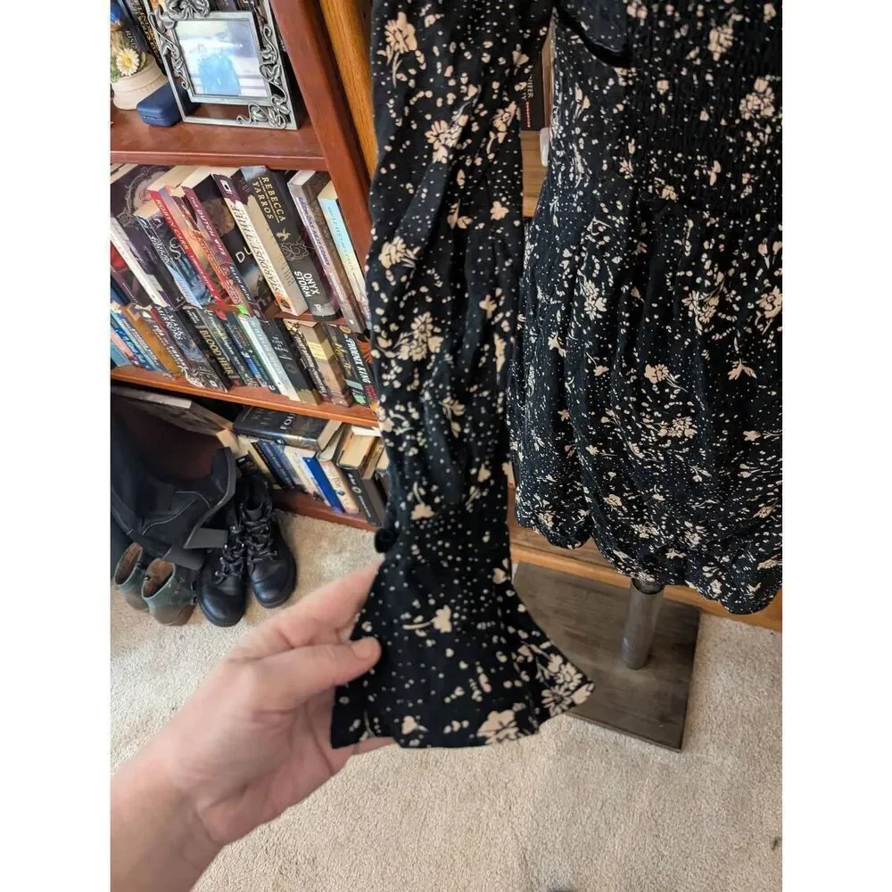 Free People Women's Size Small Black Floral Tess Square Neck Mini Dress - Picture 8 of 8